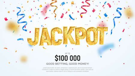 Jackpot golden word on falling down confetti background. Winning vector illustration. Advertising of...
