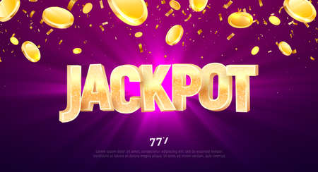 Jackpot golden 3d word on falling down confetti background. Winning vector illustration. Advertising...