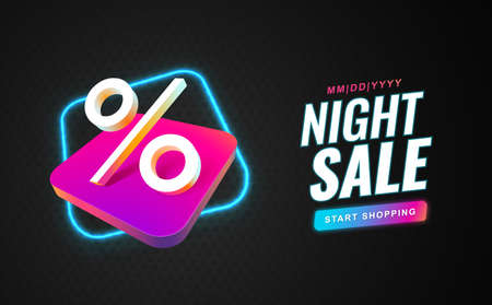 Night sale Special offer vector banner template with percent sign. Black Friday or Cyber Monday promotion illustration on dark backgroundのイラスト素材