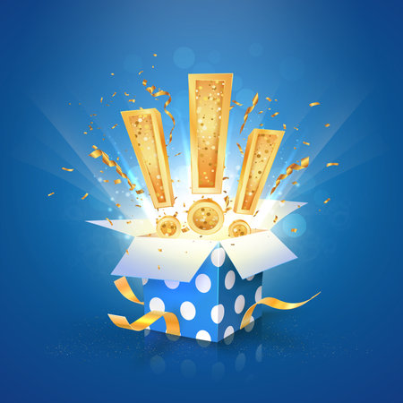 Win a prize giftbox vector illustration. Open textured blue box with exclamation marks and confetti explosion inside and on blue background. Isolated design elementsのイラスト素材