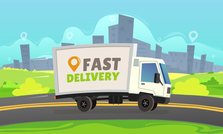 White delivery car ride by road on cityscape background vector illustration. Discount special offer deliver meals. Truck moving goodsのイラスト素材