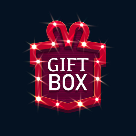 Gift box retro board illuminated isolated vector icon. Winning gambling casino or lottery gifts signのイラスト素材