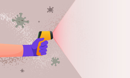 Temperature measurement detection virus vector illustration. Hand holding infrared thermometer and measuring body temp web bannerのイラスト素材
