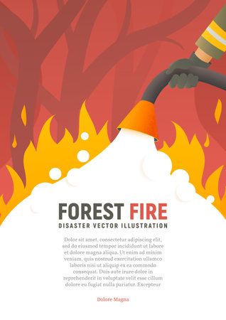 Forest fire vector placard. Fire safety illustration. Precautions the use of fire poster template. A firefighter fights a woods fire cartoon flat design. Natural disastersのイラスト素材