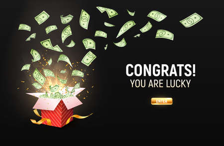 Dollar paper currency explosion outbox. Win money prizes vector banner. Gambling advertising illustration. Red gift box on dark backgroundのイラスト素材