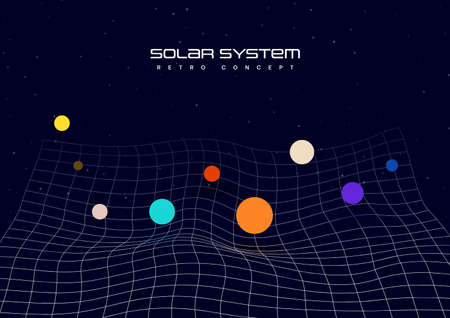 Vector solar system minimalistic retro style. Futuristic deformed mesh grid with colorful dots like galaxy planets on dark backgroundのイラスト素材
