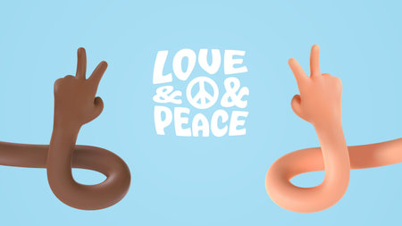 Peace no war 3d vector multi ethnic hands gesturing on blue background. World peace day illustration. Two fingers up love symbol and victory sign ui hero character.のイラスト素材