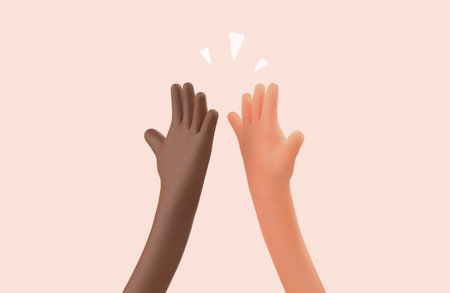High five 3d cartoon hands vector illustration. Multiethnic friendship. Peace no war multi ethnic hands relationshipのイラスト素材