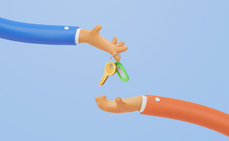 Real estate agent give keys to buyer vector illustration. 3d cartoon vector hands holding door key. Loan, mortgage or property template. Apartment rent web banner.のイラスト素材