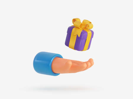 3d vector cartoon human arm giving purple gift box vector illustration. Hand holding giftbox design element on white backgroundのイラスト素材