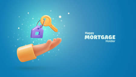 3d cartoon hand holding the house keys mortgage loan vector illustration. Real estate agent give keys. Rent housing banner template.のイラスト素材