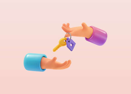 Isolated 3d cartoon vector hands holding door key. Real estate agent give keys to buyer vector illustration. Loan, mortgage or property template. Apartment rent web banner.のイラスト素材