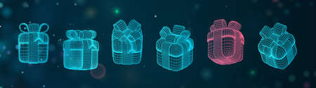 Wireframe 3d gift boxes set on abstract futuristic blue background with blue dots. Futuristic...