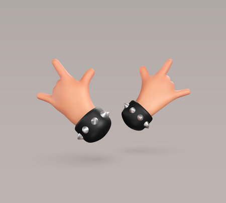 Two vector hands gesture isolated 3d cartoon illustration. Sign of the horns ui hero character. Heavy metal isolated arm.のイラスト素材
