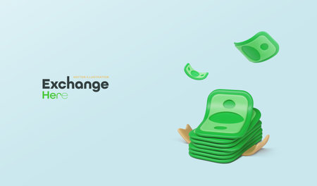 3d cartoon dollar paper bills money falling in stack vector illustration. US dollars cash back on light background. Money exchange banner template.のイラスト素材