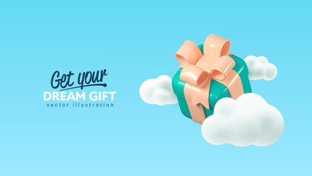 3d vector realistic gift box among cartoon clouds. Blue surprise gift box on the sky vector illustration. Three dimensional render holiday advertising bannerのイラスト素材