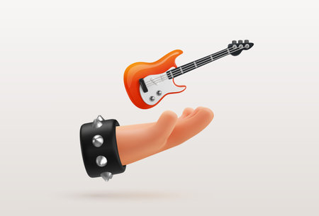 3d cartoon hand holding little red electric guitar on the light background. Musical string instrument funny vector illustrationのイラスト素材