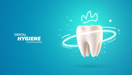 Tooth protection with crown 3d vector illustration. Teeth dentistry banner on blue background. Stomatology advertising web banner template.のイラスト素材