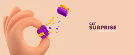 3d vector cartoon human hand holding gift box with explosion confetti vector illustration. Arm giving open gift box on bright background. Win prize web banner templateのイラスト素材