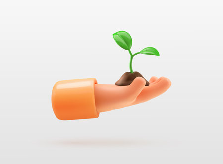 Hand holding seedling plant in soil 3d vector cartoon illustration. Symbol of of ecology of conservation and growth isolated design elementsのイラスト素材