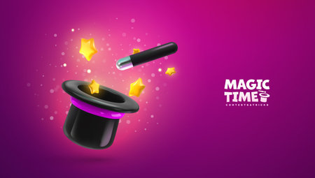 Magic wand and hat with lightning sparkles and stars floating on purple background vector illustration. Wizard tool, magic stick with spell.のイラスト素材