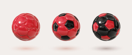 Red and black glossy football balls isolated design elements on white background. Colorful soccer balls collection. Vector 3d design elements. Sports close up icons.のイラスト素材