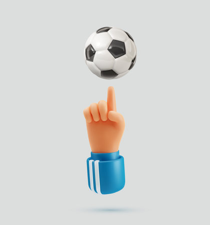 Human hand spinning soccer ball on the finger cartoon illustration . Football players arm holding ball on finger isolated design elements. Vector illustration.のイラスト素材