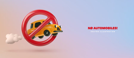 Car prohibited vector banner. Gasoline and diesel fuel automobile prohibition. Global dioxide carbon reduction vector illustration. Limited using vehicles, warning prohibited sign.のイラスト素材