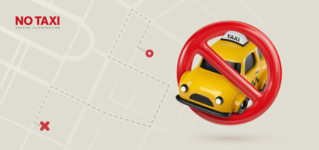 Prohibited a taxi. Refused a taxi service vector illustration. The lack of cabs. Deficit taxi drivers and cabbies. Yellow cab with red forbidden sign on abstract city map background.のイラスト素材