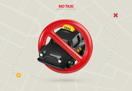 Prohibited a taxi. Refused a taxi service vector illustration. The lack of cabs. Deficit taxi drivers and cabbies. Black cab with red forbidden sign on abstract city map background.のイラスト素材