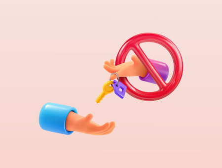 Isolated 3d cartoon vector hands holding door key. Crime, unfair, scammer real estate agent give keys to buyer vector illustration. Fake, fraud loan, mortgage or property template. Apartment rent webのイラスト素材
