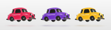 Colorful toy vehicle cars on light background. Collection of red, purple, yellow color mini model cars. 3d vector design elements on white background.のイラスト素材