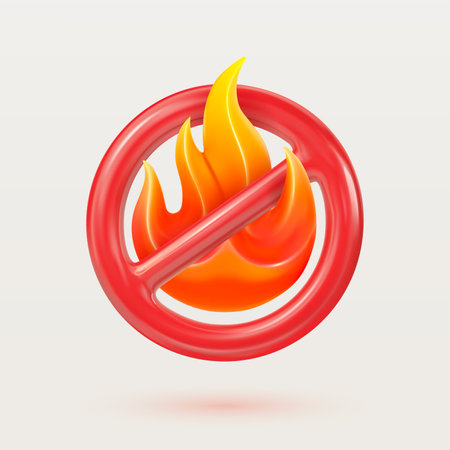 No fire 3d cartoon vector illustration. Prohibited open fire flames. Warning sign of fire safety. Isolated design element.のイラスト素材