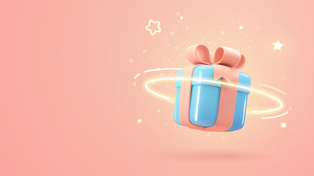 3d cartoon magic gift box with light effect vector illustration. Blue gift box design element on soft pink background.のイラスト素材