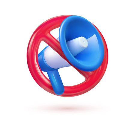 Prohibition vector isolated icon. Blue loudspeaker with red prohibition illustration. Attention of warning, danger, fake news. Prohibition of meetings, strikes and protestsのイラスト素材