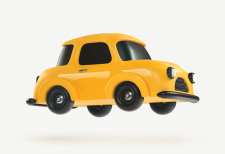 3d cartoon toy car yellow color vector design element on the light background. Kids vehicle. Baby transport modeのイラスト素材