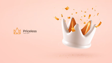 Golden and white crown with falling confetti vector illustration. Luxury jewelry modern style banner template. Monarchy power premium design elements on light backgroundのイラスト素材