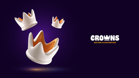 Golden and white crown with dark vector illustration. Luxury jewelry modern style banner template. Monarchy power premium design elements on dark background.のイラスト素材