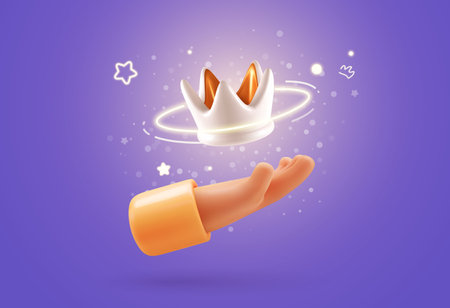 Human hand holding queen or king crown vector illustration. . Luxury jewelry award. Monarchy power premium design elements on purple background.のイラスト素材