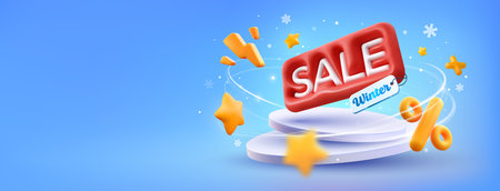 Winter sale super wide vector banner. Discount offer illustration. Inflated 3d Sale word on pedestal with wind and snowflakes on light blue background.のイラスト素材