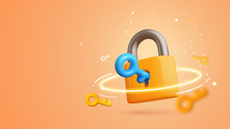 Safety, encryption, protection, privacy, data access. Yellow padlock with keyhole and blue key 3d cartoon vector illustration on orange background with light effects.のイラスト素材