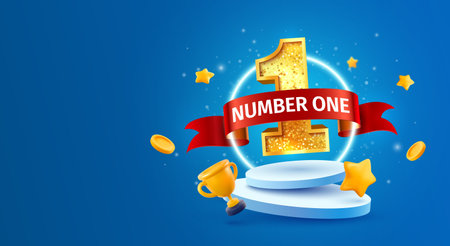 Win 1 place celebrating 3d vector illustration. Number one champion banner. Winner first number on podium with red ribbon on falling down confetti, goblet, stars on blue background.のイラスト素材