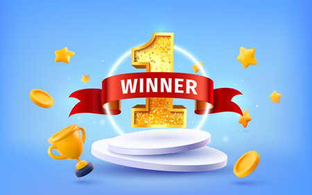 Number one on pedestal champion vector illustration. 1st place celebrating 3d vector design elements. Win first number on podium with red ribbon, goblet, stars on light backgroundのイラスト素材