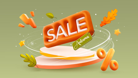 Autumn sale text on podium with falling leaves, discount tags. Pedestal, Fall sale advertising banner. Thanksgiving or seasonal marketing materials. Vector illustration. 3D design.のイラスト素材