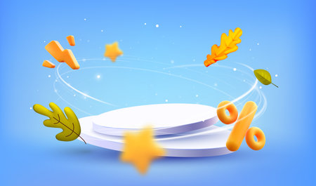 Autumn sale podium with falling leaves and discount tags. Fall sale advertising banner. Thanksgiving or seasonal marketing materials. Vector illustration on blue background.のイラスト素材