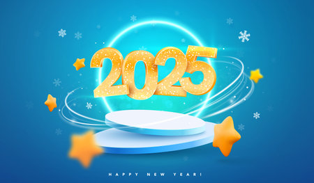 2025 Happy new year celebration vector illustration. Golden isolated Christmas numbers on podium...