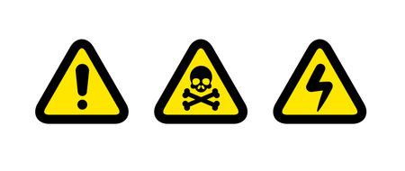 Set of three warning signs with exclamation mark, skull with crossbones, and electric hazard. Safety, danger, risk, hazard. Industrial, workplace safety, regulatory design. Vector illustration.のイラスト素材