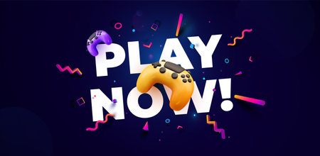 Colorful Game Controllers with Play Now Text on Dark Background. Perfect for Esports, Gaming Events, Promotions, and Streaming Channels. Fun and Energetic Style. Vector Illustration.のイラスト素材