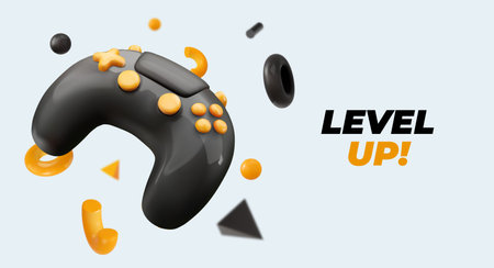 Game Controller With Level Up Text, Modern 3D Style, Floating Elements, Perfect for Gaming...