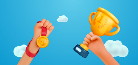 Winner Hands Holding Gold Trophy and Medal on Blue Sky Background, Celebrating First Place Victory and Achievement. 3D Cartoon Style. Vector Illustrationのイラスト素材